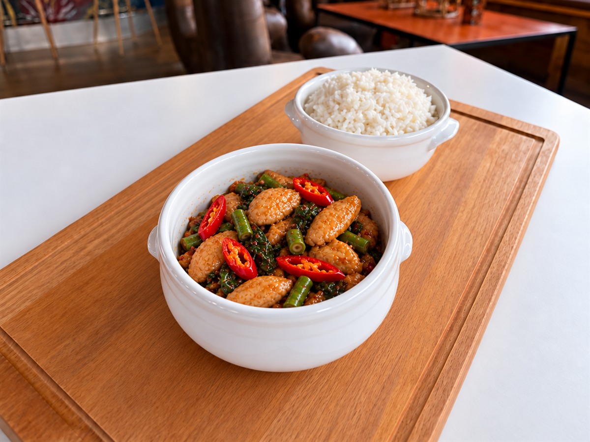 Spicy Basil Poulet in einer weissen Keramikschale mit Jasminreis in einer separaten weissen Schale